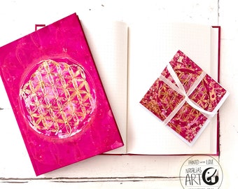 Blume des Lebens - Bundle - Notizbuch mit Karte, Notebook, dotted, gepunktet  128 Seiten Lotus chakra Journal