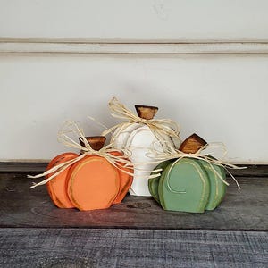 Fall Decor Wood Pumpkins Set of 3 Multi Colored Pumpkins Autumn Tier Tray Decor Primitive Pumpkin Shelf Sitter Modern Country Pumpkin Gift