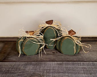 Wood Pumpkin Set: Dark Green Autumn Decor, Thanksgiving Shelf Sitters
