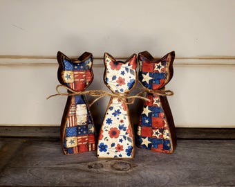Wooden Americana Cat 4th of July Independence Day Tier Tray Decor Cute Cat Lover Gift