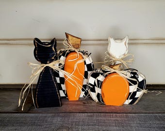 Hand Painted Wood Pumpkin & Cat Halloween Tiered Tray Decor