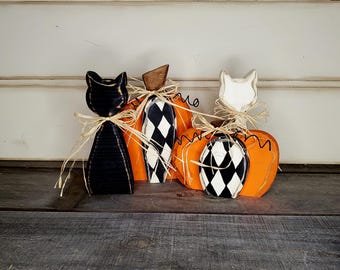Hand Painted Halloween Wood Decor: Pumpkin & Cat Tiered Tray Set