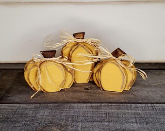 Handcrafted Wood Pumpkins Set  Yellow Thanksgiving Tier Tray Decor