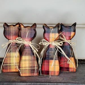 Halloween Wood Cats Plaid Modern Prim Tier Tray Decor Cozy Autumn Decor Tall Skinny Cat Fall Decor Rustic Shelf Sitter Gift for Cat Lovers