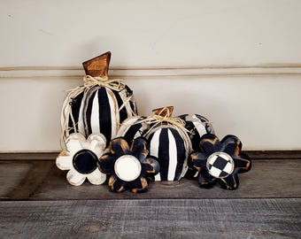 Hand-Painted Black and White Striped Wood Pumpkins and Flowers – Halloween Tier Tray Decor