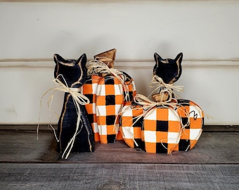 Hand Painted Halloween Wood Decor: Plaid Pumpkin & Black Cat Set