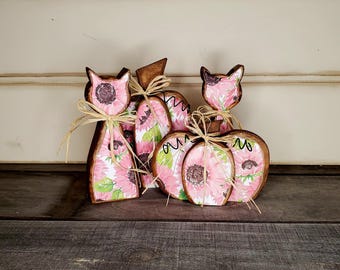 Wood Cat Sunflower Tier Tray Decor, Shelf Sitter, Cat Lover Gift