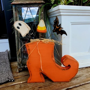 Halloween Decor Witches Boot Wood Witch Boot Ghost Bat Candy Corn Whimsical Halloween Decor Outdoor Halloween Decor Primitive Fall Decor
