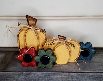 Handcrafted Wood Pumpkin & Flower Fall Decor - Tiered Tray Decor