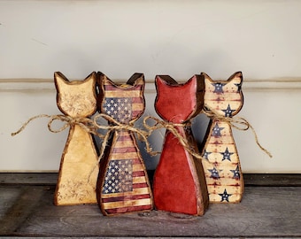 Wooden Americana Cat Independence Day Memorial Day Tier Tray Decor Primitive Wood Kitty
