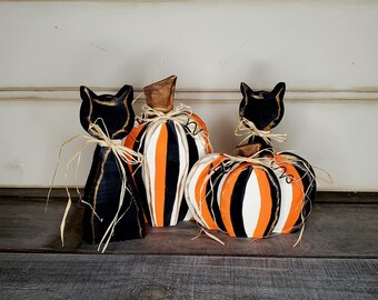 Hand Painted Wood Pumpkin & Black Cat - Halloween Tiered Tray Decor