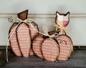 Rustic Wood Pumpkin & Cat Fall Decor - Tier Tray Sitter
