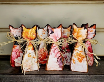 Chunky Wood Fall Floral Cat Autumn Tier Tray Decor Cat Lover Gift