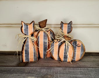Halloween Wood Pumpkin & Cat Decor, Fall Tier Tray Sitter