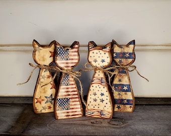 Wooden Americana Cat Independence Day Memorial Day Tier Tray Decor Primitive Wood Kitty