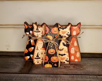 Wood Cat Halloween Tier Tray Decor Pumpkin Ghost Witch Hat Owls and More...Cat Lover Gift