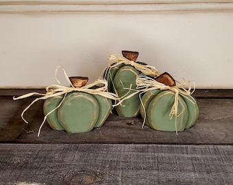 Fall Decor Wood Pumpkins Set of 3 Medium Green Tier Tray Decor Autumn Shelf Sitter Thanksgiving Mantel Decor Hand Crafted Wood Pumpkin Gift