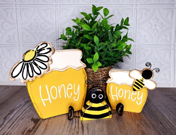 Wooden Small Bees Honey Bee Tiered Tray Decor, Hello Summer