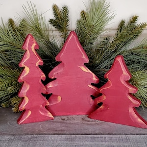 Decoração de Natal com Pinheiro de Madeira, Conjunto de 3 Pinheiros de Madeira, Decoração de Natal com Pinheiro Vermelho Primitivo