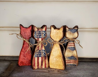 Wooden Americana Cat Independence Day Memorial Day Tier Tray Decor Primitive Wood Kitty