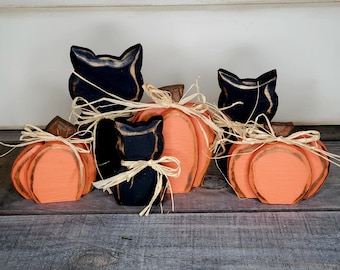 Handmade Halloween Decor: Wood Black Cats & Pumpkins, Set of 3
