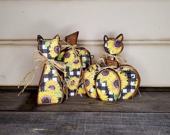 Sunflower Pumpkin & Cat Wood Decor, Fall Tiered Tray Decor
