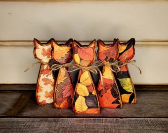 Wood Cat Colorful Fall Leaves Tier Tray Decor Autumn Mantel Cat Lovers Gift