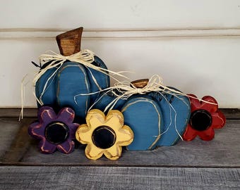 Handcrafted Dark Blue Wood Pumpkins and Flowers, Fall Tiered Tray Decor