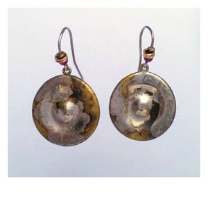 Dangle earrings MINERVA: Sterling silver hooks and links, 18k solid yellow gold beads, oxidized brass studs, natural Rhodolite garnet sphere
