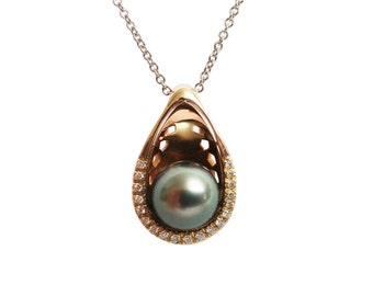 Pendant NIDO. 18k rose solid gold, 18k “natural white” * solid gold,Tahitian black pearl,Tahiti pearl,White Diamonds,chain included,Hallmark