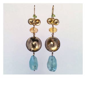 Dangle earrings MINERVA: 18k solid yellow gold, oxidized brass studs, natural stones as Aquamarine, Citrine quartz, Peridot .