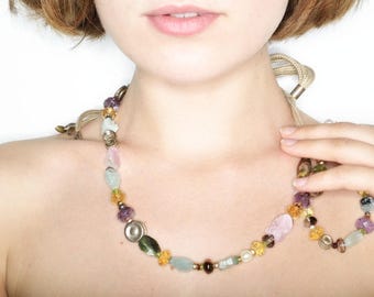 Necklace: 18k solid yellow gold beads, oxidized brass, natural Aquamarine, Tourmaline, Amethyst, Quartz, Garnet, Peridot, Freshwater Pearls