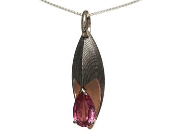 EXCALIBUR pendant : 18k rose solid gold (black rhodium plating), 18k natural white * solid gold; hallmark, natural pink tourmaline pear cut