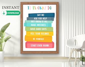 Op de afbeelding: Een kleurrijke printable poster met de tekst "Het is oké om" en een stapel boeken met zinnen als "Nee zeggen", "Om hulp vragen", "Fouten maken" en "Opnieuw beginnen".