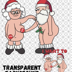 以下が含まれることがあります： サンタクロースとミセス・クロースの漫画のキャラクターをフィーチャーした、ユーモラスなクリスマスをテーマにしたクリップアート。彼らは裸で、サンタの帽子をかぶり、クリスマスのオーナメントを持っています。「FUNNY CLIPART-CHRISTMAS VERSION」というテキストが含まれています。