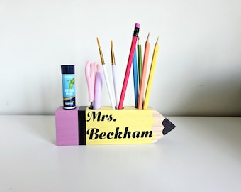 Personalized Teacher Pencil Holder: Wooden Desk Organizer, Custom Name