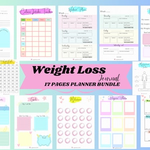 Gewichtsverliesdagboek, Gewichtsverliestracker, Afdrukbare Gewichtsverliesplanner, Maaltijdplanner, Workout-tracker, Gewichtsverliesgrafiek, Fitnessplanner