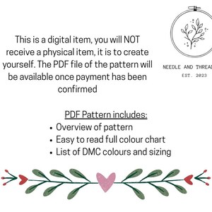 May include: Digital PDF cross-stitch pattern. Text states: "This is a digital item, you will NOT receive a physical item..." Includes overview, colour chart, and DMC colours. The logo reads "Needle and Thread Co. EST. 2023".