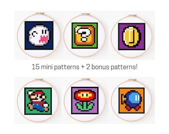 May include: A set of 17 mini pixel art patterns for cross stitch, featuring characters and items from the Super Mario Bros. video game series. The patterns include a Boo, a question block, a coin, Mario, a flower, and a blue shell.