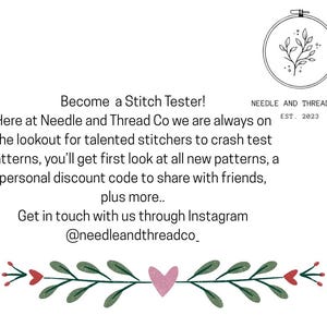 May include: White graphic with text: "Become a Stitch Tester!" and "Needle and Thread Co. EST. 2023". The image includes a floral design and the Instagram handle @needleandthreadco_.