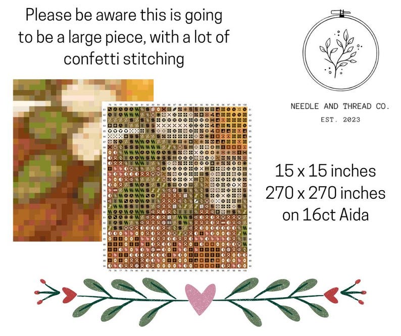 May include: A cross-stitch pattern with a detailed design, accompanied by the text "Please be aware this is going to be a large piece, with a lot of confetti stitching." The pattern measures 38 x 38 cm.
