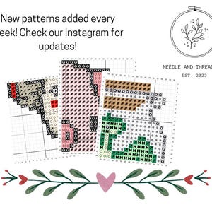 May include: Image shows cross-stitch patterns of a cocktail, a pink object, and a jar with green plants. Text reads "New patterns added every week! Check our Instagram for updates!" and "NEEDLE AND THREAD CO. EST. 2023". Floral decorations are at the bottom.