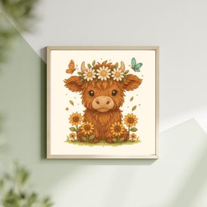 May include: A framed print of a cartoon Highland cow with brown fur, wearing a daisy flower crown. Sunflowers and butterflies surround the cow. The artwork has a soft, pastel colour palette and a whimsical style.