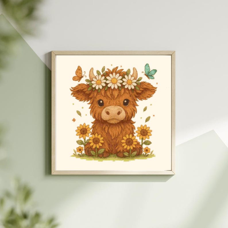 May include: A framed print of a cartoon Highland cow with brown fur, wearing a daisy flower crown. Sunflowers and butterflies surround the cow. The artwork has a soft, pastel colour palette and a whimsical style.