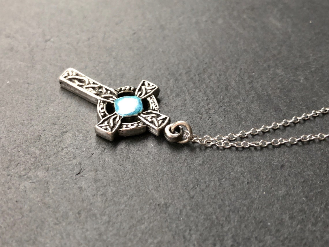 Vintage Pewter Cross Pendant Light Blue Enamel Paint Etsy