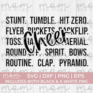 Könnte beinhalten: Schwarz-weißes Grafikdesign mit dem Wort "Cheer" in Schreibschrift, umgeben von Wörtern wie "Stunt", "Tumble" und "Routine". Das Design enthält den Text "SVG | DXF | PNG | EPS" und "Includes both black & a white PNG".