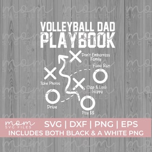 May include: White text on a grey wood background reads "Volleyball Dad Playbook". A white diagram with circles and Xs shows a game plan with phrases like "Take Photos", "Drive", "Don't Embarrass Family", "Food Run", "Clap & Look Happy", and "Pay &pound;&pound;".