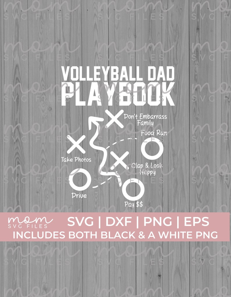 May include: White text on a grey wood background reads "Volleyball Dad Playbook". A white diagram with circles and Xs shows a game plan with phrases like "Take Photos", "Drive", "Don't Embarrass Family", "Food Run", "Clap & Look Happy", and "Pay &pound;&pound;".