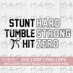 Könnte beinhalten: Schwarzweißes Grafikdesign mit dem Text "STUNT HARD TUMBLE STRONG HIT ZERO". Die Grafik enthält eine schwarze Schleife mit weißem Umriss.