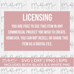 May include: A pink and white digital download license agreement for a commercial project. The text reads "You are free to use this item in any commercial project you wish to create. However, you can not resell or share this item as a digital file."